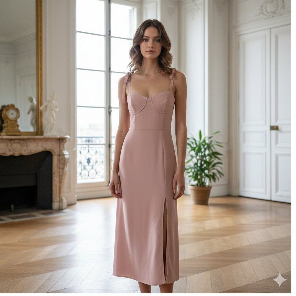 NWT Dessy Collection "Desert Rose" Crepe Bustier Midi Dress | Size 12
